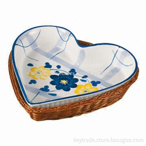 Fine Porcelain 7-10" Tray in Heart Shape with Basket, Hand Painted